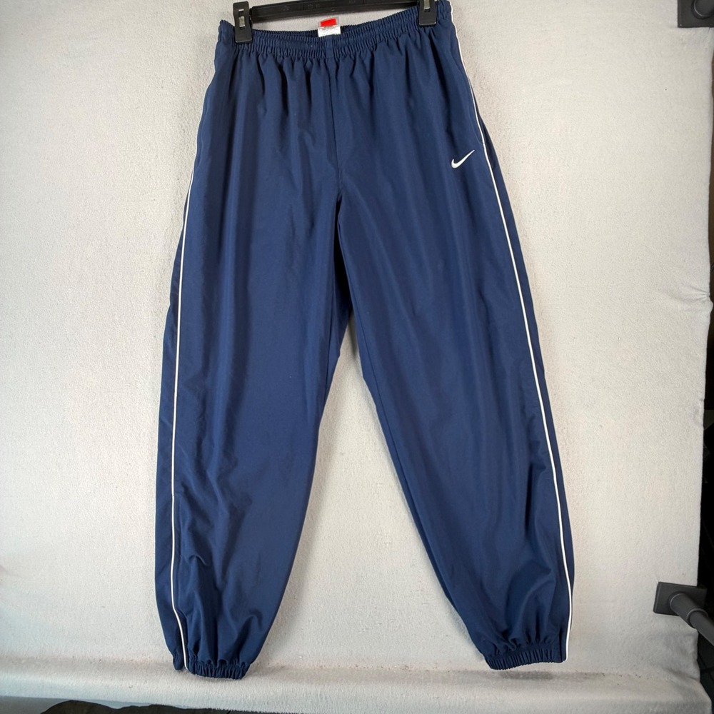 Vintage Y2K Nike Team Mens S Navy Track Pants White Piping Mesh Lined Wind Pants